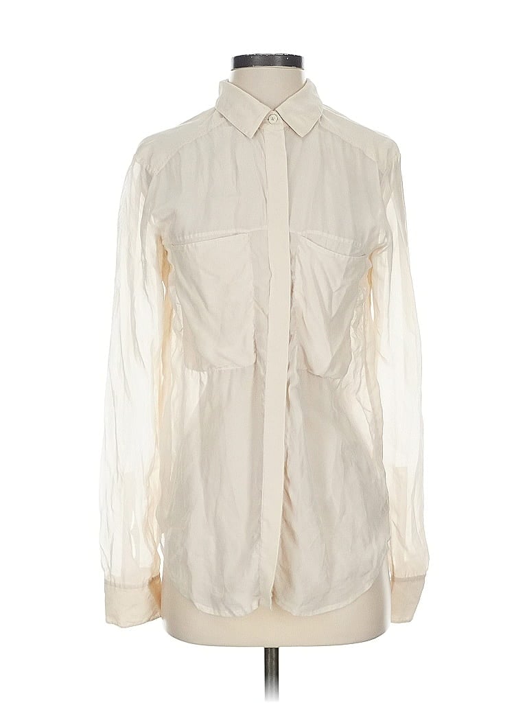 Pre-owned Alexander Wang T Long Sleeve Silk Top Ivory Collared Neckline Tops In White