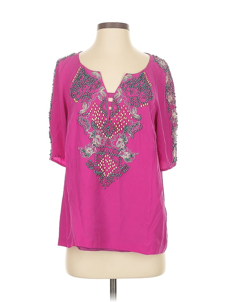 Click to view more detailed imagery on our partner's website Pre-owned Nanette Lepore 3/4 Sleeve Silk Top Pink Sweetheart Neckline Tops