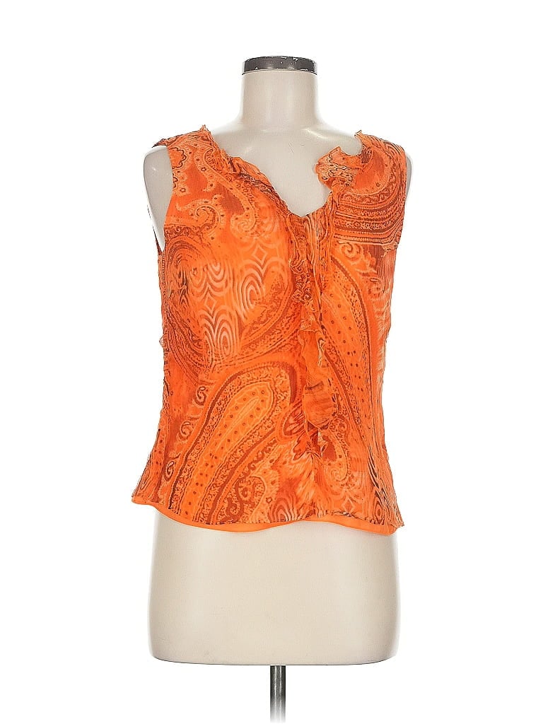 Pre-owned Linda Allard Ellen Tracy Sleeveless Silk Top Orange Plunge Neckline Tops