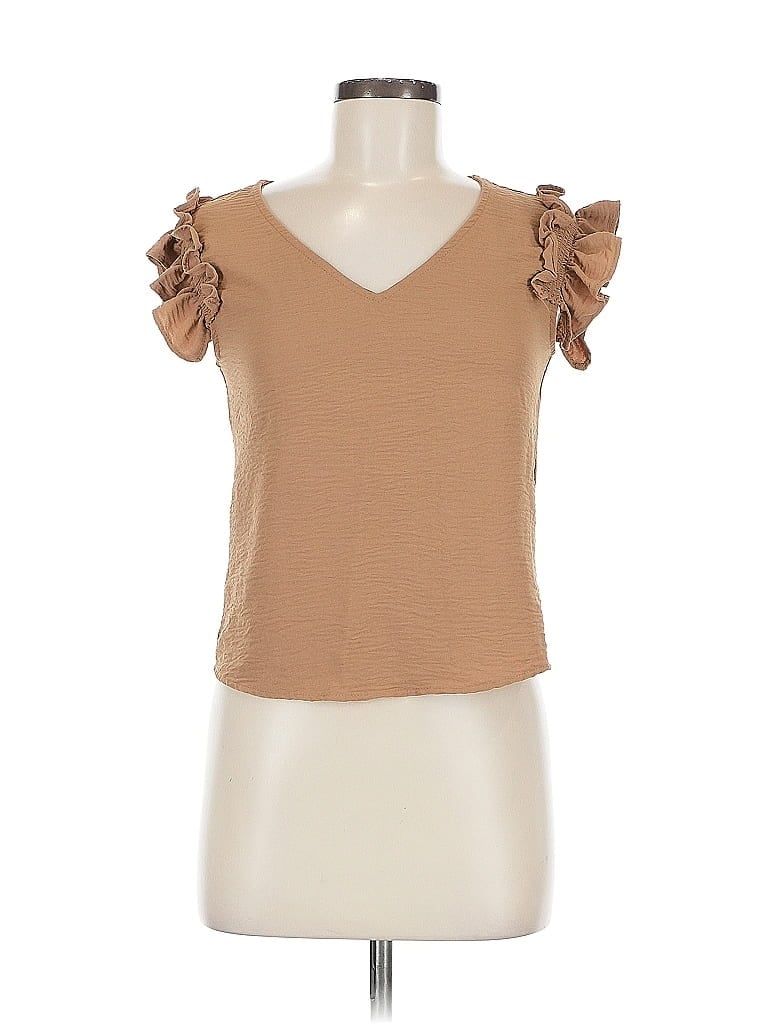 Pre-owned Liberty Love Short Sleeve Top Tan Sweetheart Neckline Tops In Brown