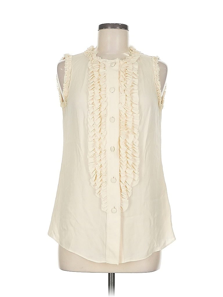 Pre-owned Tory Burch Sleeveless Silk Top Ivory Ruffles Neckline Tops In White