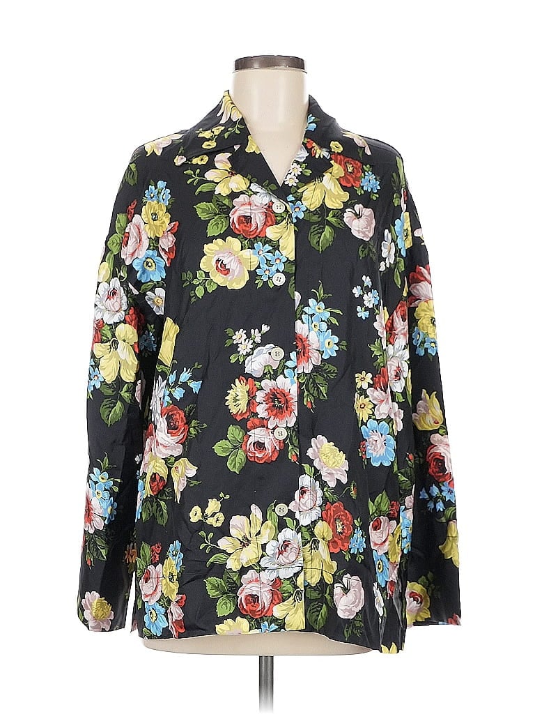 Pre-owned Bellerose Long Sleeve Silk Top Black Floral Pattern Open Neckline Tops