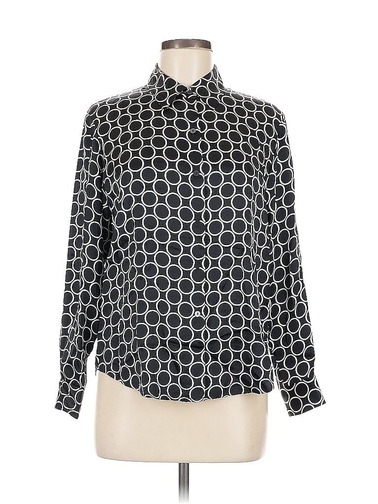 Click to view more detailed imagery on our partner's website Pre-owned Style & Co Long Sleeve Silk Top Black Print Pattern Mock Neckline Tops