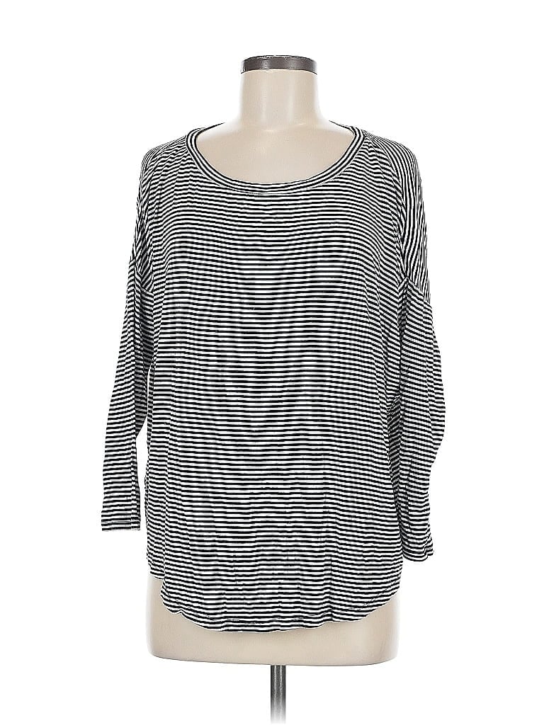 Pre-owned Ann Taylor Loft 3/4 Sleeve Top Gray Stripes Pattern Boatneck Tops