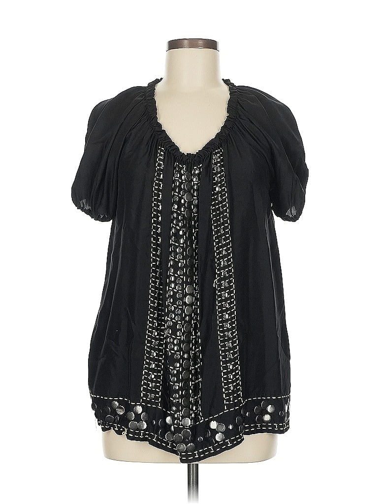 Pre-owned Dkny Short Sleeve Silk Top Black Keyhole Neckline Tops