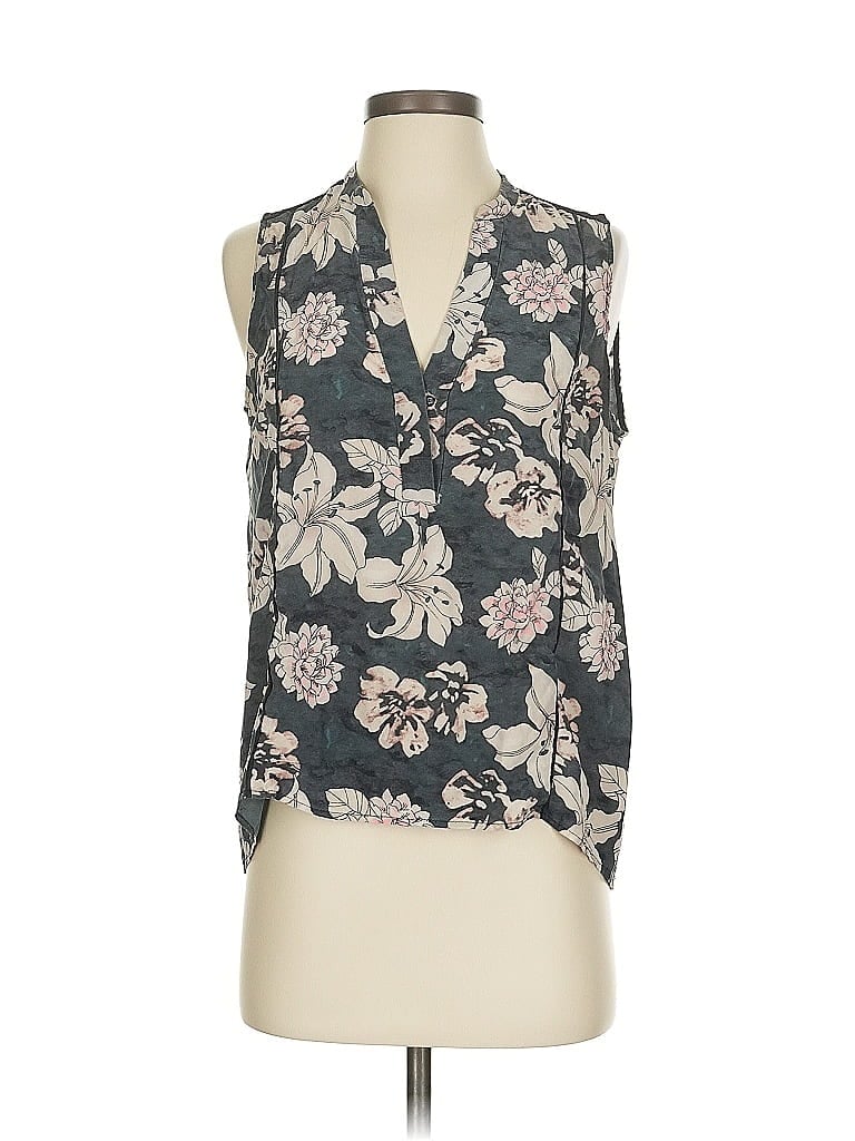 Pre-owned Elizabeth And James Sleeveless Silk Top Gray Floral Pattern Plunge Neckline Tops