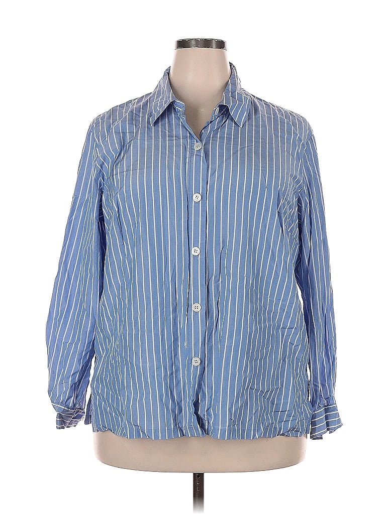 Pre-owned Josephine Chaus Long Sleeve Silk Top Blue Stripes Pattern Collared Neckline Tops