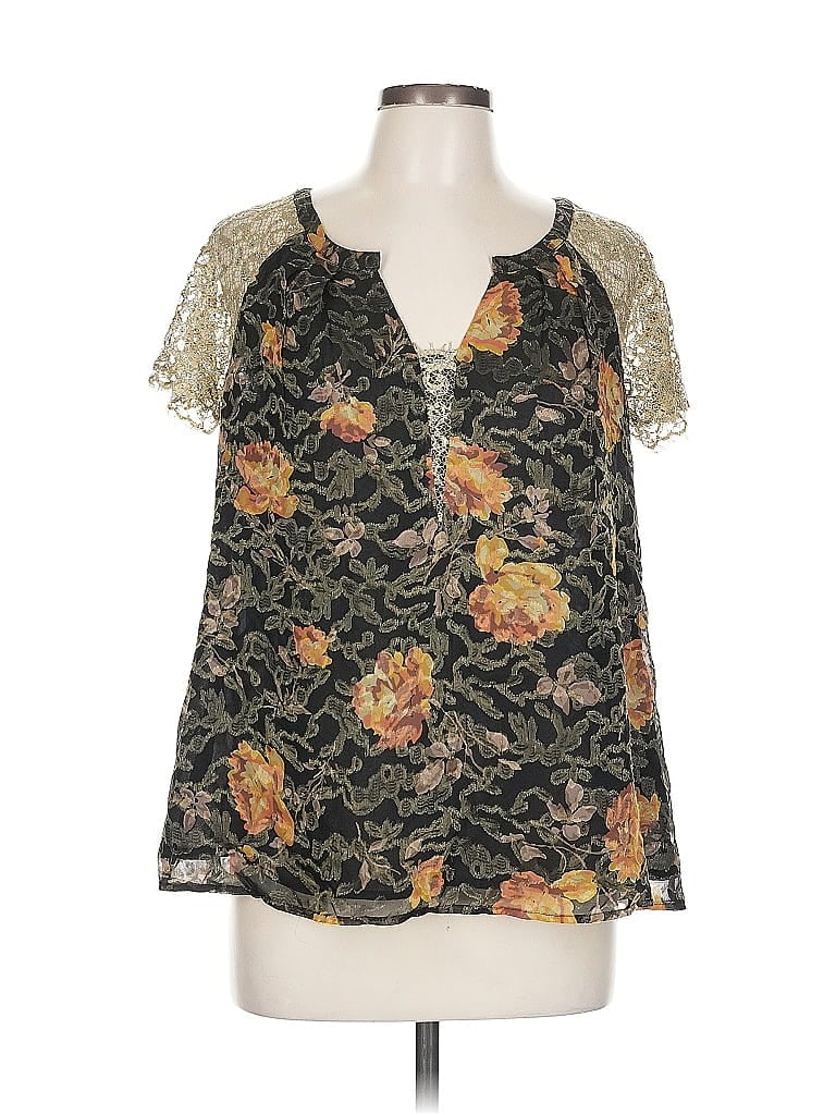 Pre-owned Hd In Paris Short Sleeve Silk Top Black Plunge Neckline Tops