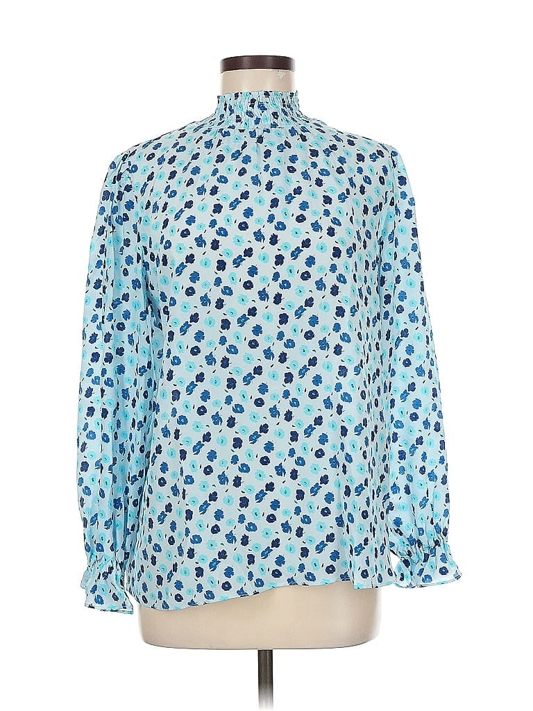 Click to view more detailed imagery on our partner's website Pre-owned Tucker Long Sleeve Silk Top Blue Polka Dots Pattern Mock Neckline Tops