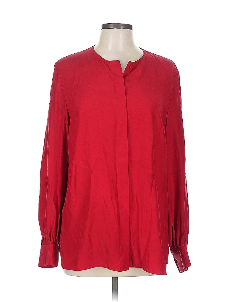 Pre-owned Lafayette 148 Long Sleeve Silk Top Red Tie Neck Tops