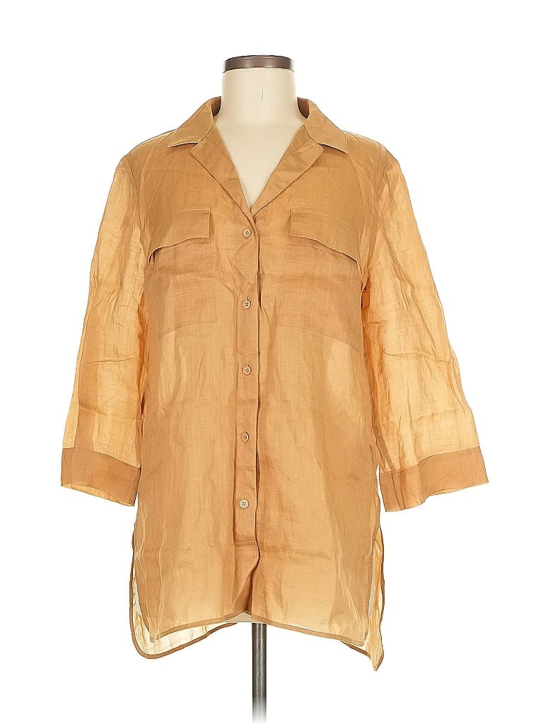 Pre-owned Lafayette 148 3/4 Sleeve Button Down Shirt In Tan
