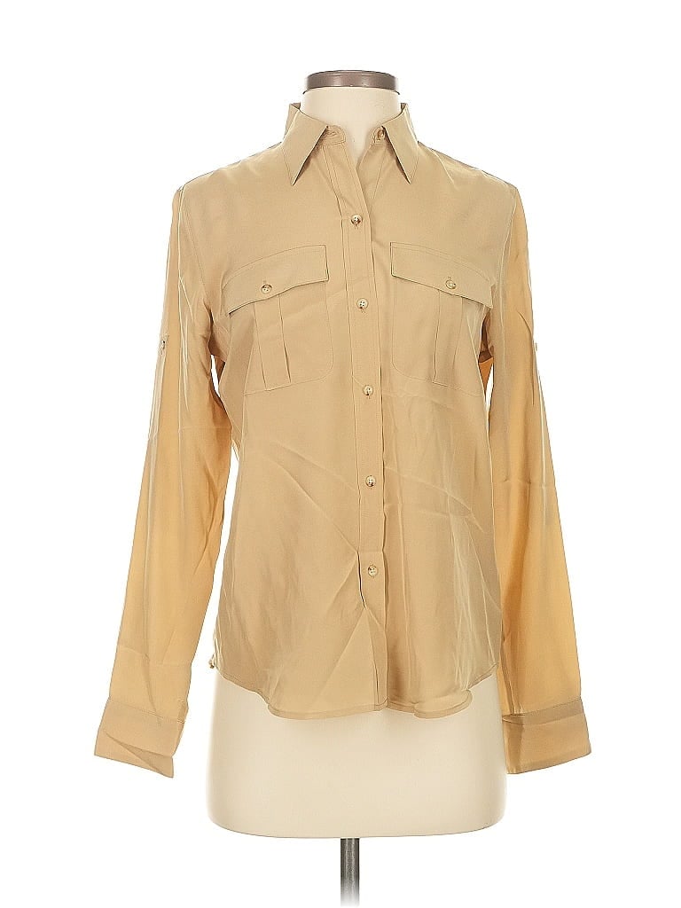Pre-owned Polo Ralph Lauren Long Sleeve Silk Top Tan Collared Neckline Tops In Brown