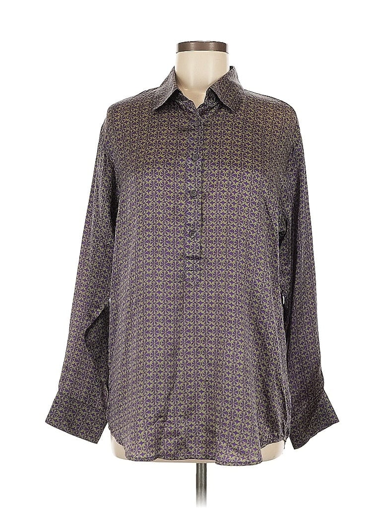 Click to view more detailed imagery on our partner's website Pre-owned Cabi Long Sleeve Silk Top Purple Print Pattern Collared Neckline Tops