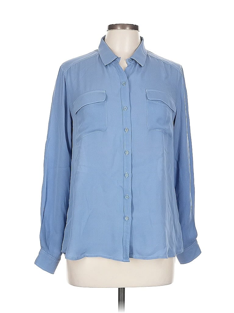 Click to view more detailed imagery on our partner's website Pre-owned Ecru Long Sleeve Silk Top Blue Collared Neckline Tops