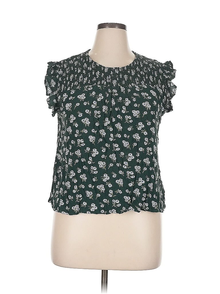 Pre-owned Orange Creek Short Sleeve Top Green Ruffles Neckline Tops