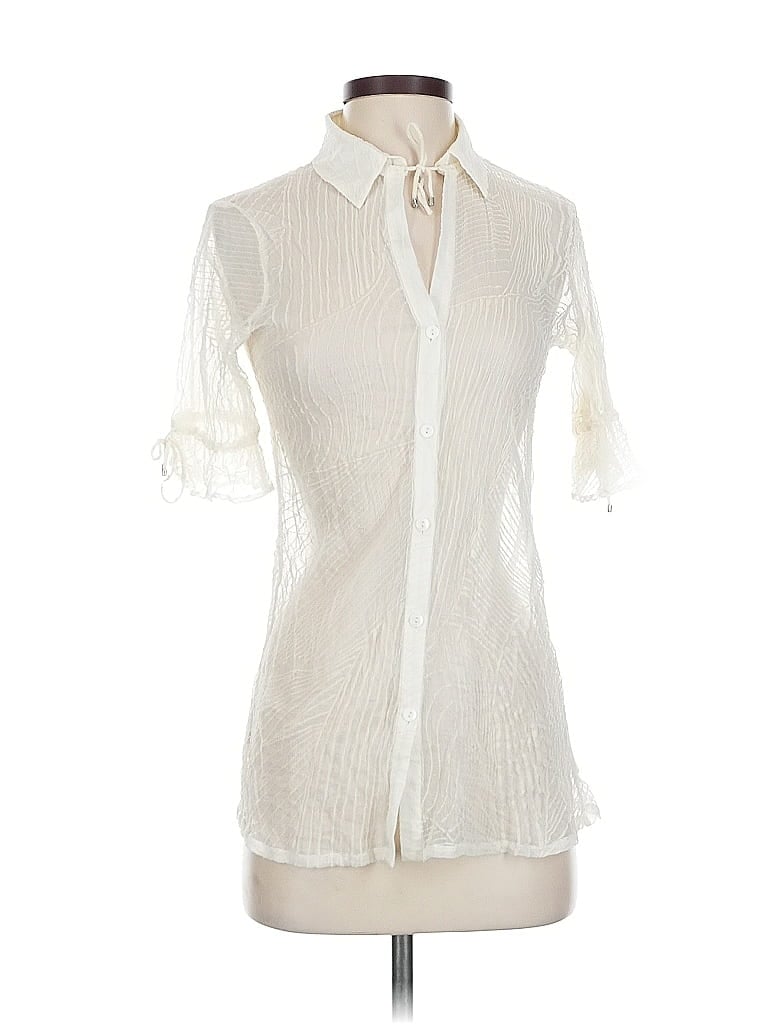 Pre-owned W By Worth Short Sleeve Silk Top Ivory Chevron/herringbone Pattern V-neck Tops In White
