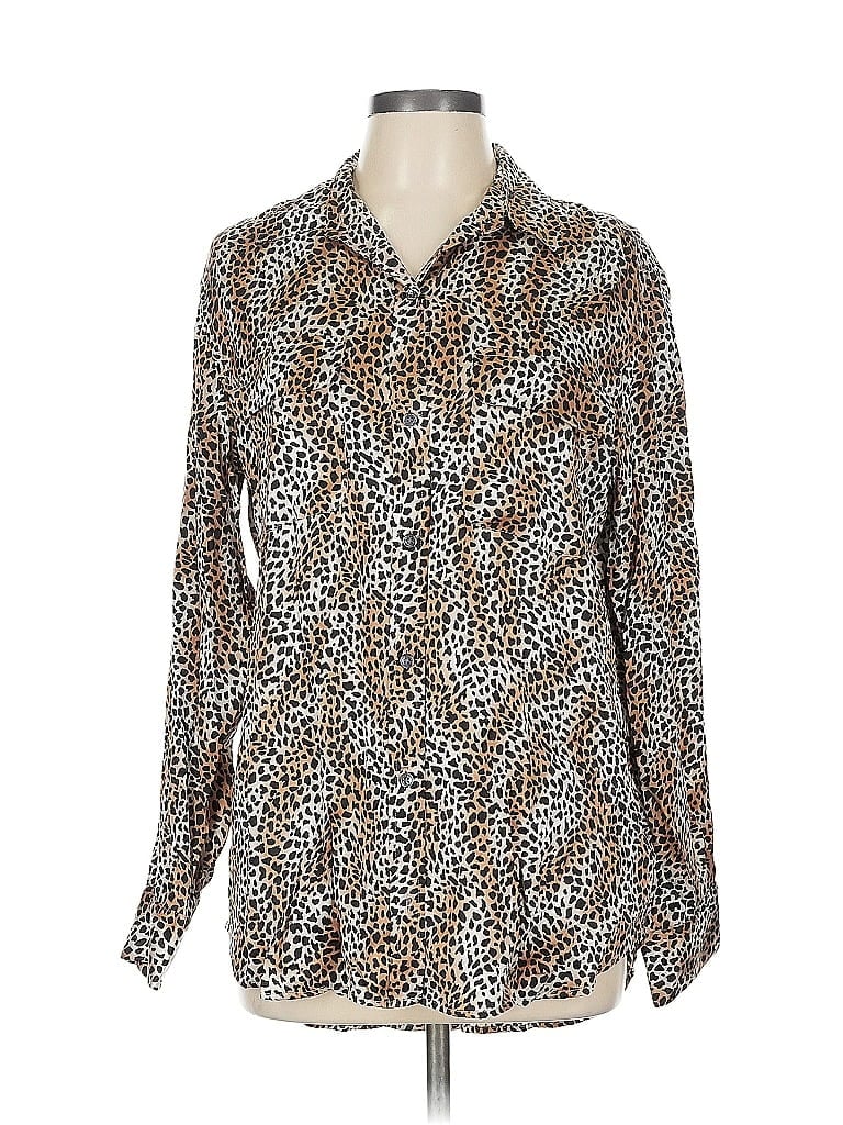 Click to view more detailed imagery on our partner's website Pre-owned Equipment Long Sleeve Silk Top Brown Animal Print Pattern Tie Neck Tops
