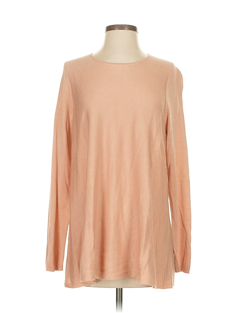 Pre-owned Eileen Fisher Long Sleeve Top Tan Boatneck Tops In Brown