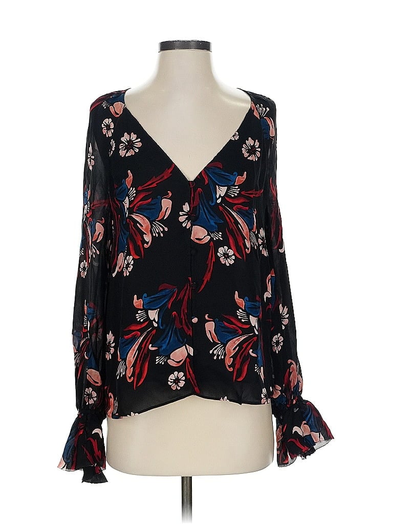 Pre-owned Joie 3/4 Sleeve Silk Top Black Floral Pattern Plunge Neckline Tops