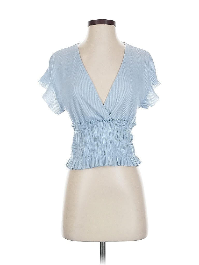 Pre-owned Altar'd State Short Sleeve Top Blue Plunge Neckline Tops