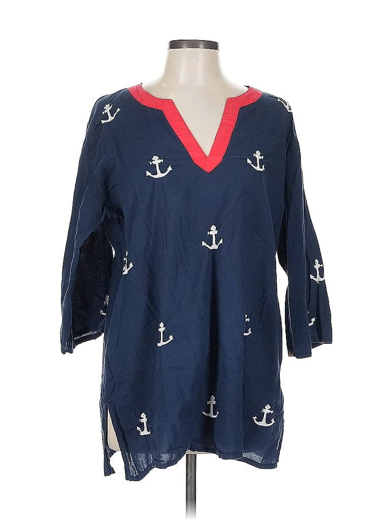 Pre-owned Top It Off Long Sleeve T-shirt Blue V Neck Tops