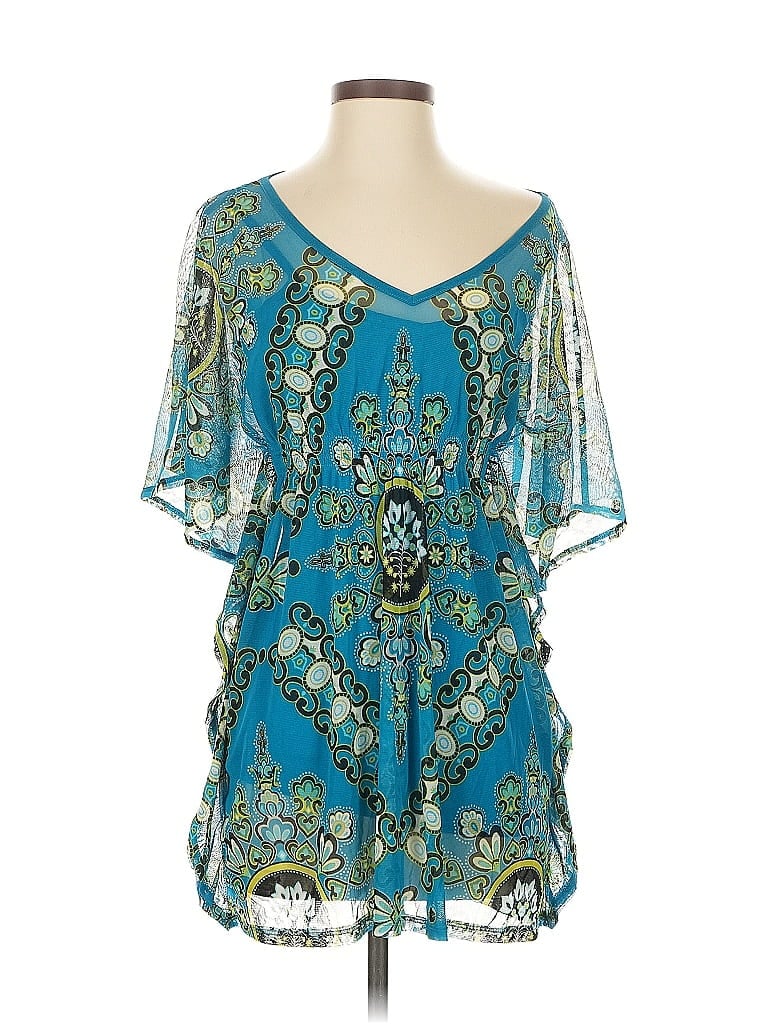 Pre-owned Inc International Concepts Short Sleeve Blouse In Blue