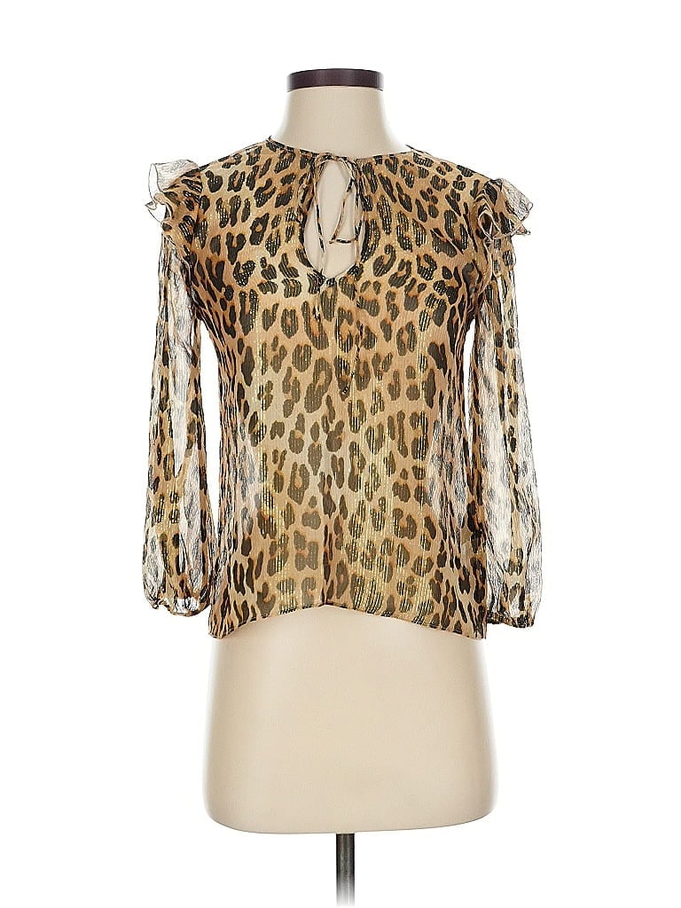 Pre-owned Alice And Olivia Alice + Olivia 3/4 Sleeve Silk Top Tan Cold Shoulder Neckline Tops In Brown