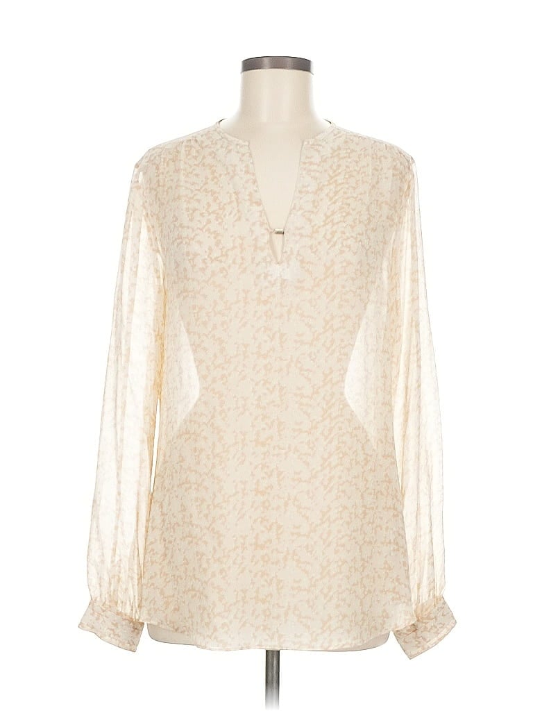 Pre-owned E3 By Etcetera Long Sleeve Silk Top Ivory Plunge Neckline Tops In White