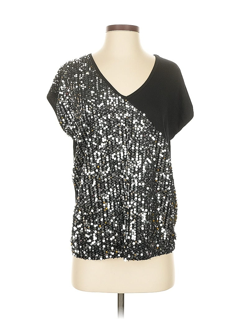 Milan Kiss Short Sleeve Top Silver V Neck Tops In Black