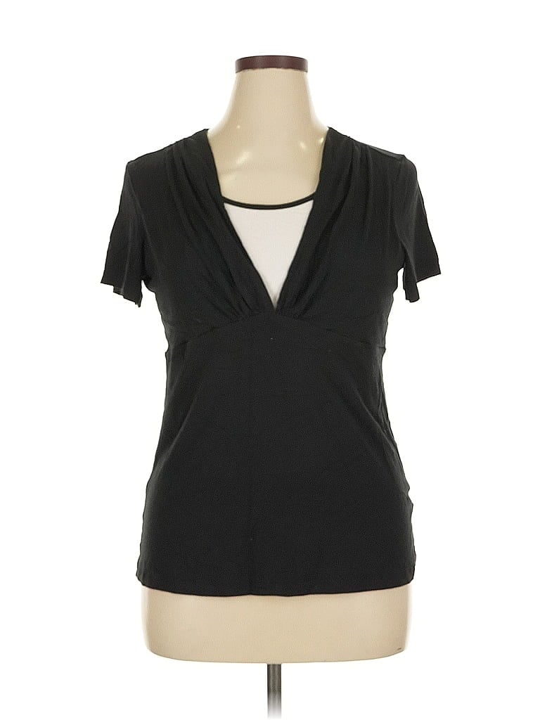 Pre-owned Coldwater Creek Short Sleeve Top Black Plunge Neckline Tops
