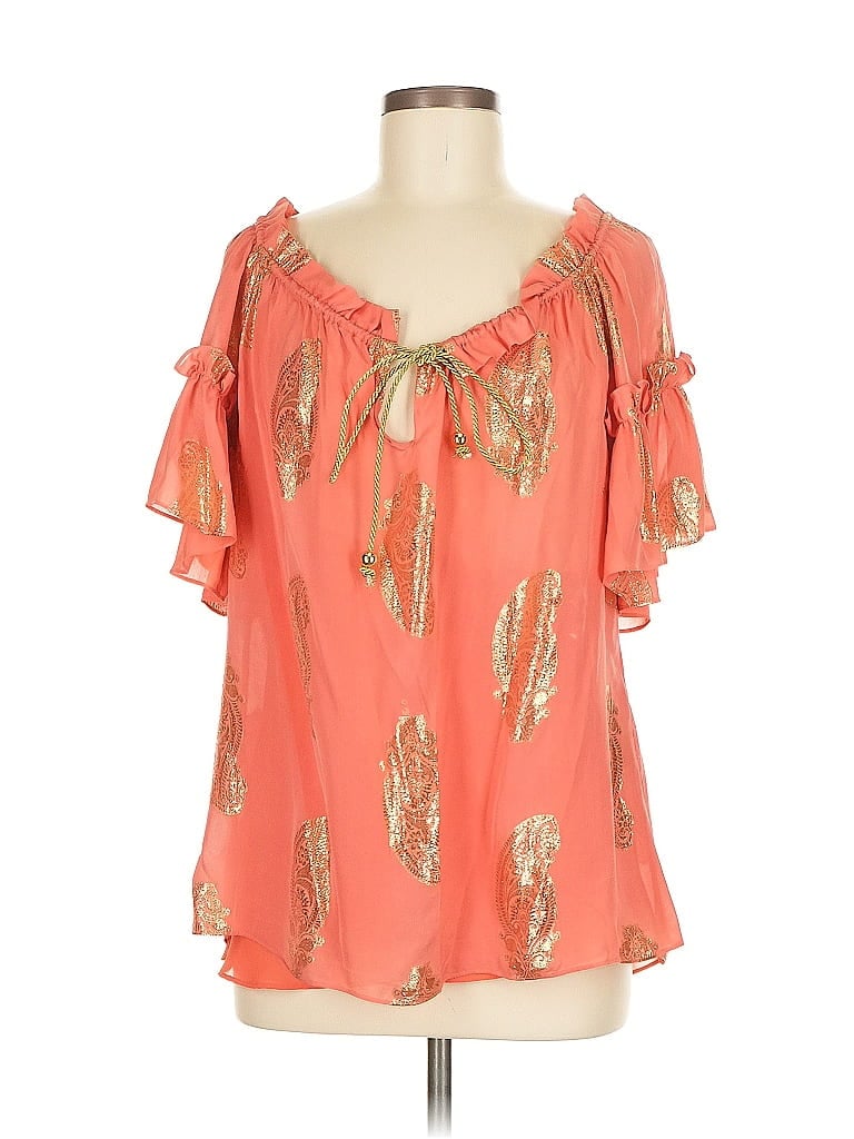 Pre-owned An Original Milly Of New York Short Sleeve Silk Top Orange Cold Shoulder Neckline Tops