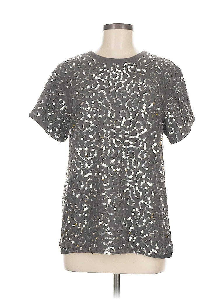 Pre-owned Express Outlet Short Sleeve Top Silver Metallic Pattern Keyhole Neckline Tops