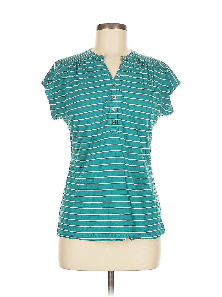 Pre-owned Liz Claiborne Short Sleeve Top Teal Keyhole Neckline Tops In Blue