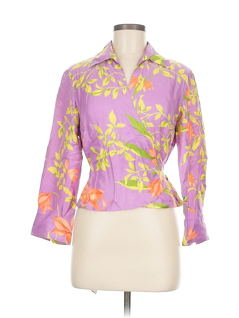 Pre-owned Carlisle 3/4 Sleeve Silk Top Purple Tie Neck Tops