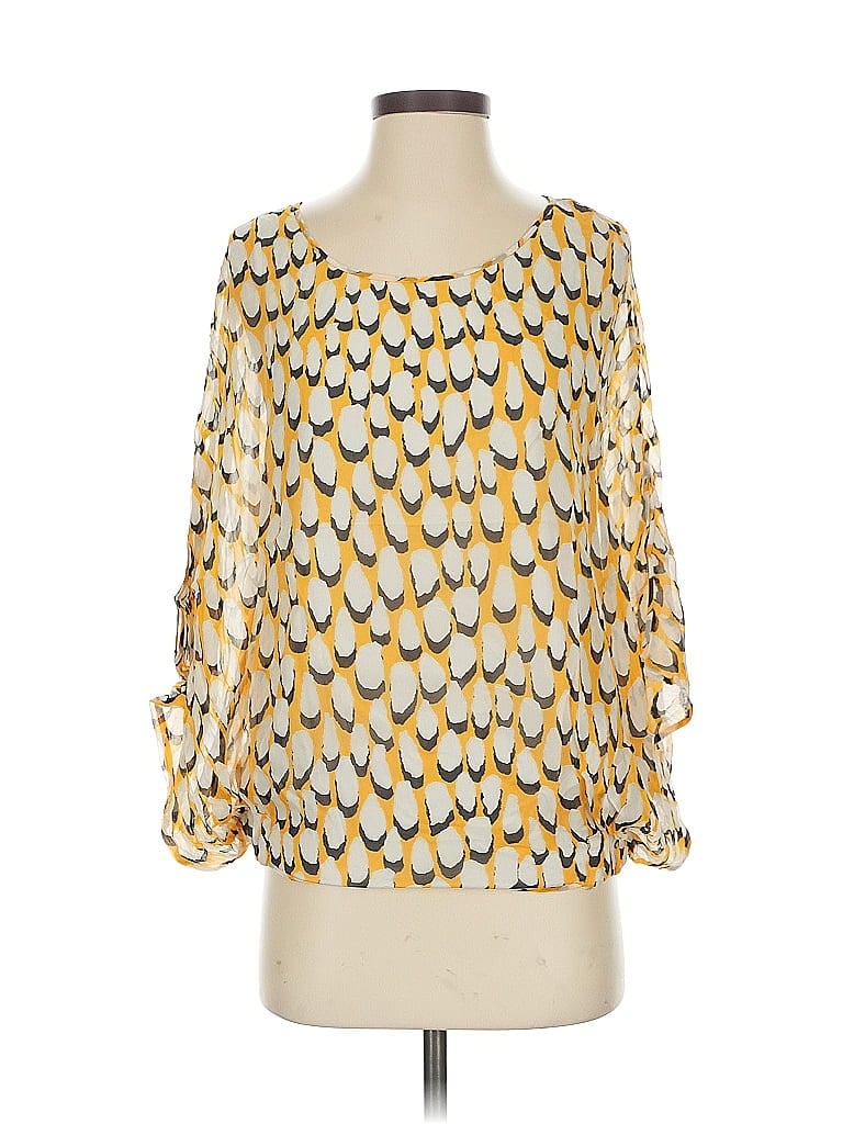 Pre-owned Diane Von Furstenberg 3/4 Sleeve Silk Top Gold Square Neckline Tops