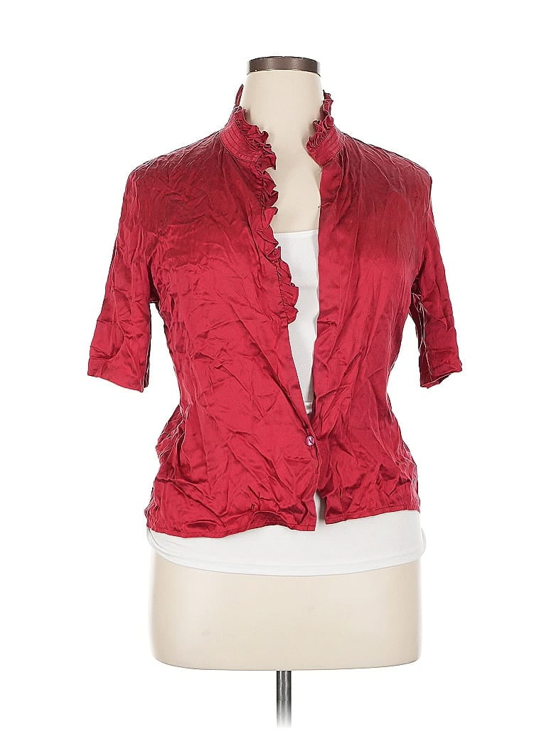 Pre-owned Oscar By Oscar De La Renta 3/4 Sleeve Silk Top Red Mock Neckline Tops