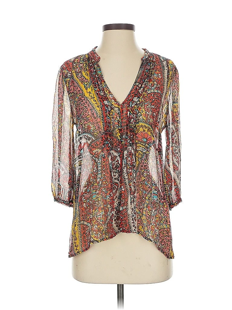 Click to view more detailed imagery on our partner's website Pre-owned Joie 3/4 Sleeve Silk Top Brown Plunge Neckline Tops