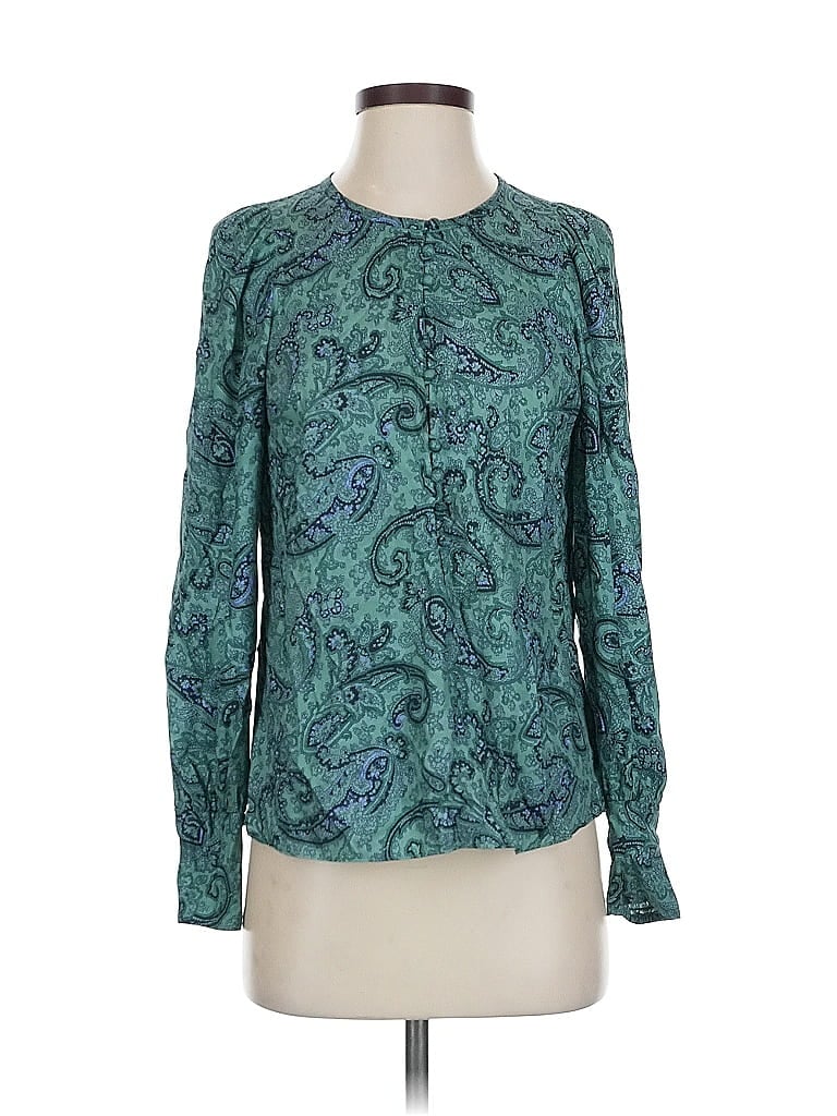 Pre-owned Tailored By Rebecca Taylor Long Sleeve Silk Top Teal Paisley Pattern Mock Neckline Tops In Blue