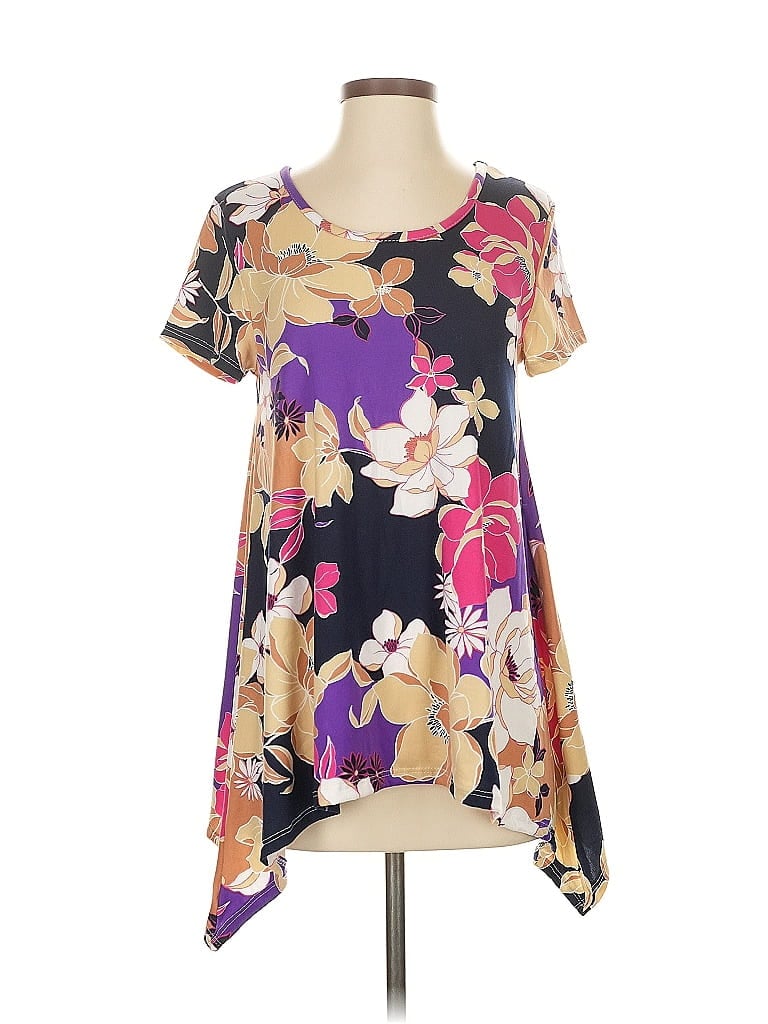 Pre-owned Juniper + Lime Short Sleeve Top Purple Floral Pattern Scoop Neck Tops