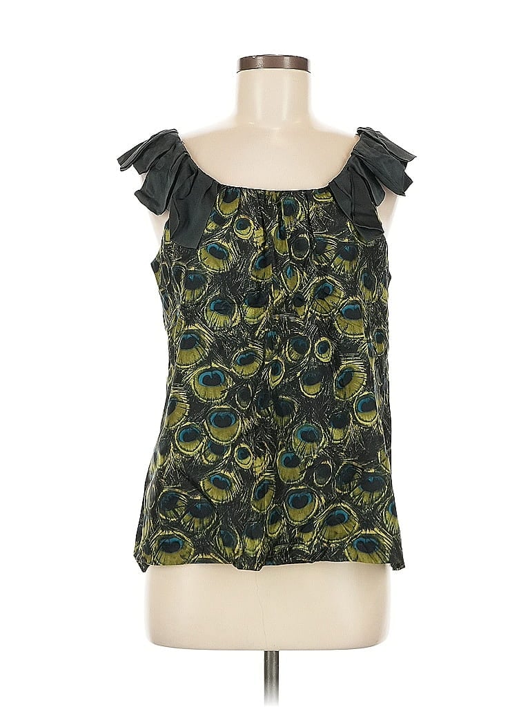 Pre-owned An Original Milly Of New York Sleeveless Silk Top Green Ruffles Neckline Tops