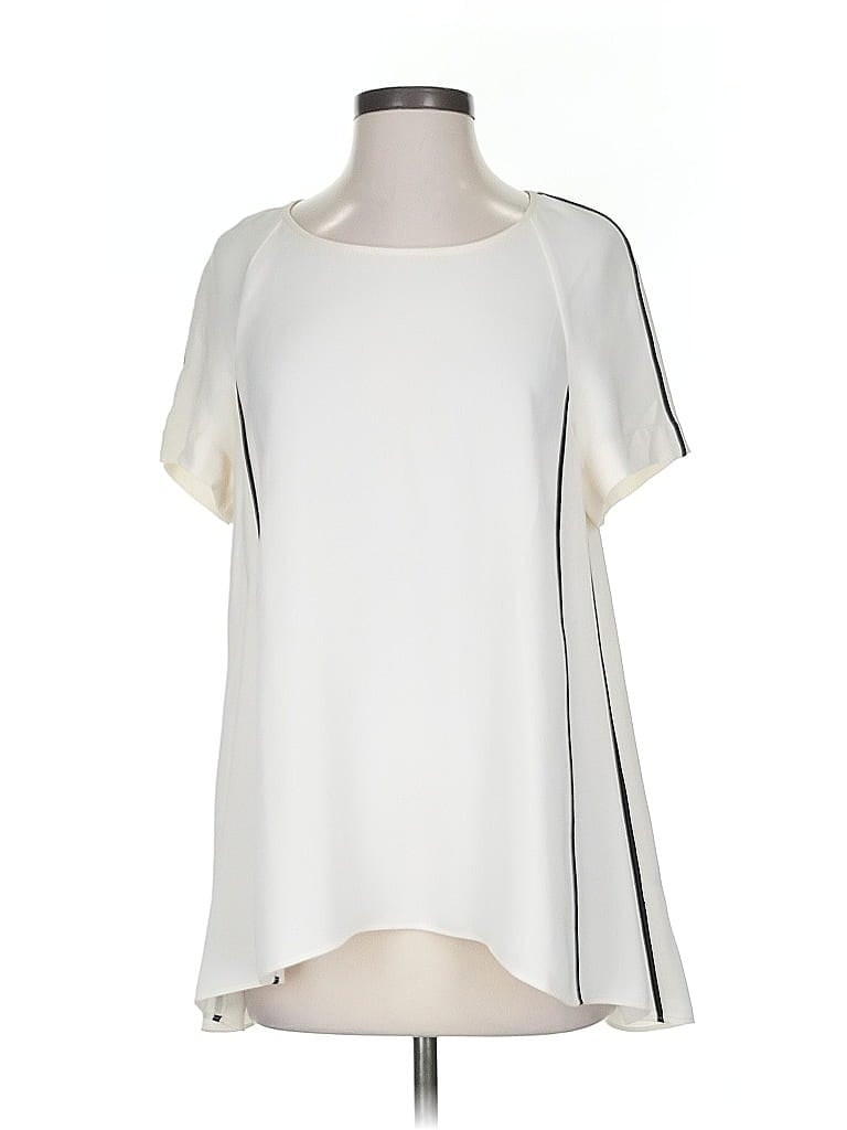 Pre-owned Lafayette 148 Short Sleeve Silk Top Ivory Square Neckline Tops In White