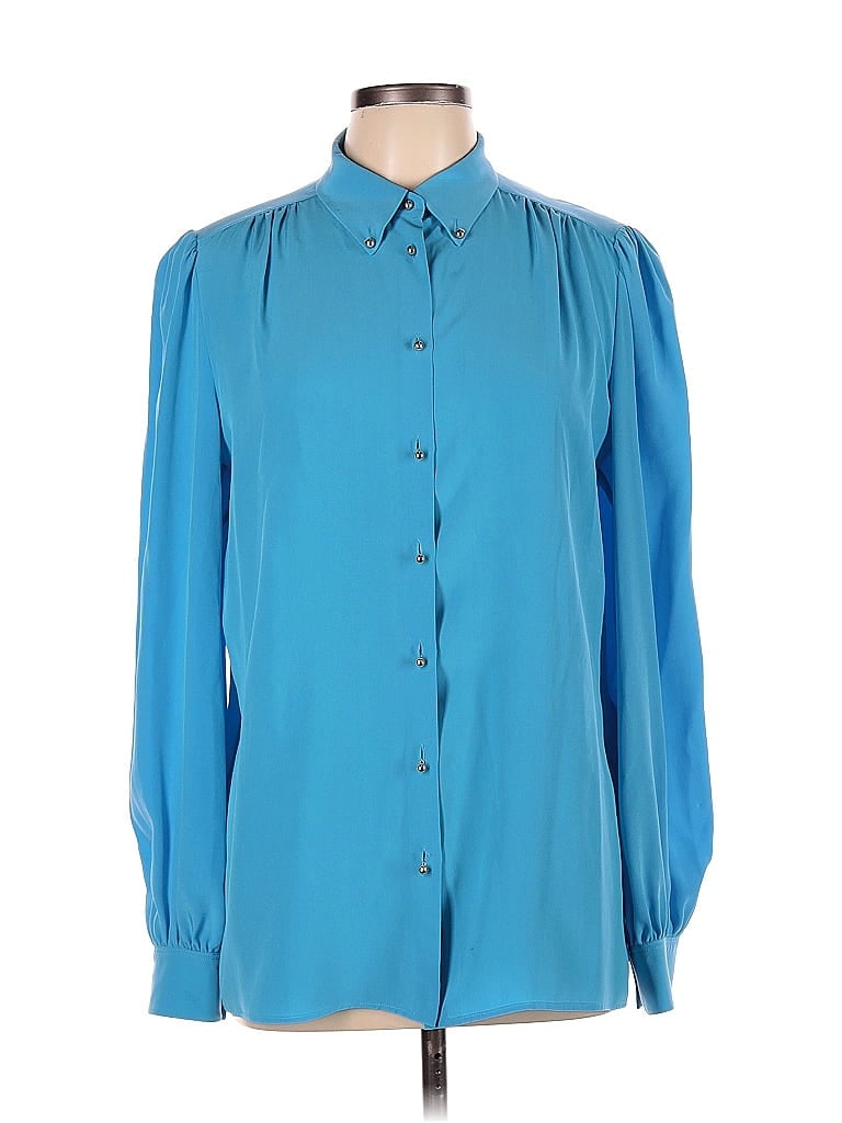 Pre-owned Pucci Emilio Long Sleeve Silk Top Blue Tie Neck Tops