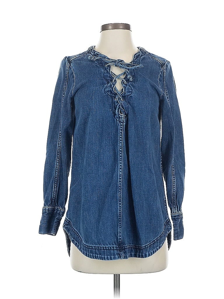 Pre-owned Free People Long Sleeve Blouse In Blue