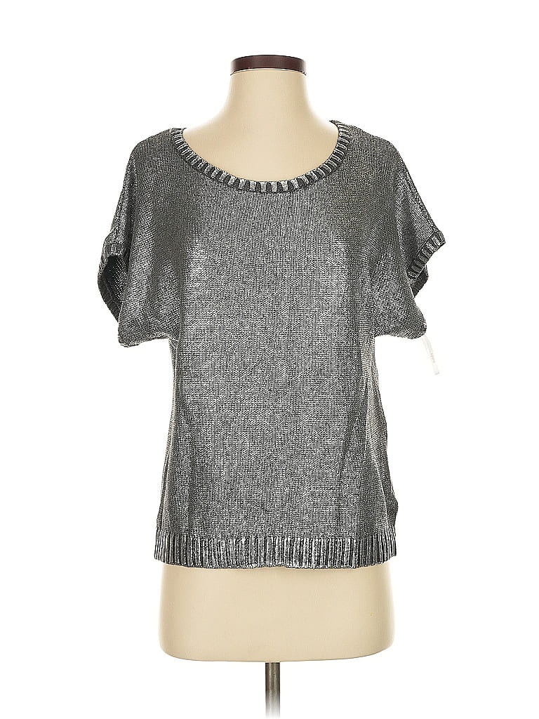 Pre-owned Laundry By Shelli Segal Short Sleeve Top Silver Metallic Pattern Scoop Neck Tops