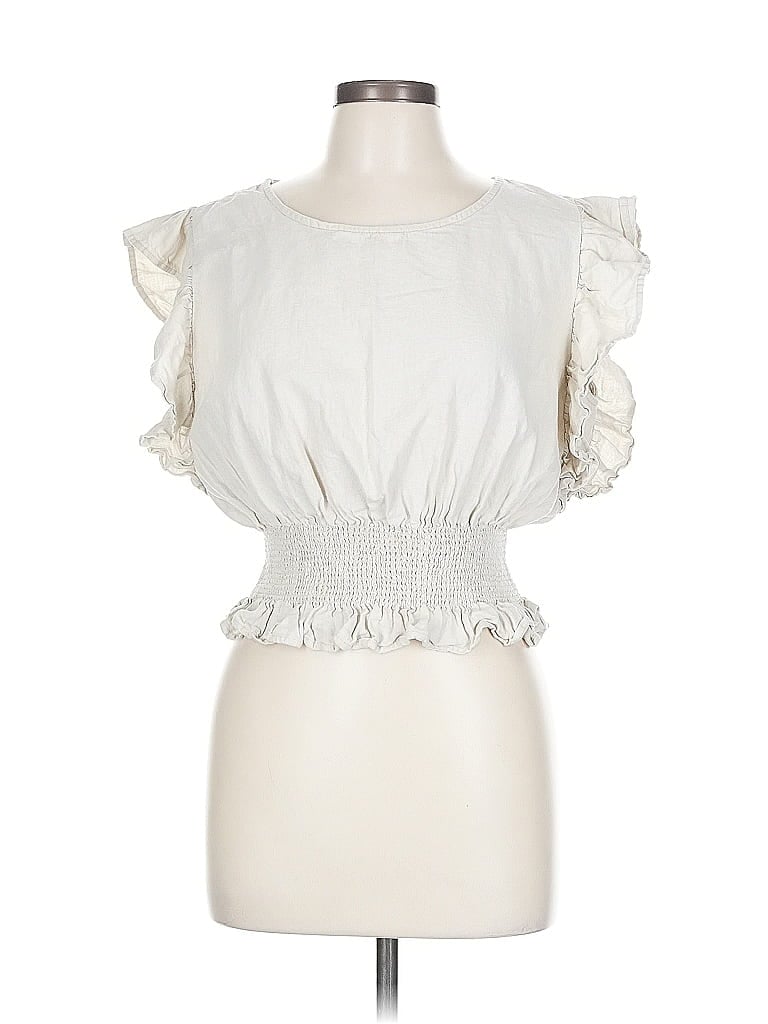 Pre-owned Cupcakes And Cashmere Short Sleeve Top Ivory Ruffles Neckline Tops In White