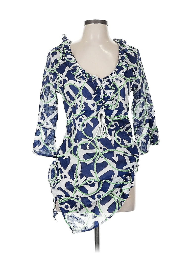 Pre-owned Mud Pie Long Sleeve Top Blue Plunge Neckline Tops