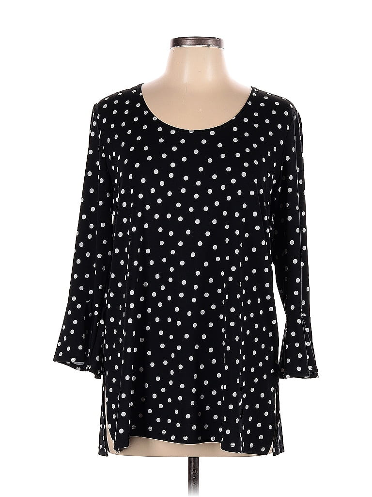 Click to view more detailed imagery on our partner's website Pre-owned Slinky Brand 3/4 Sleeve Top Black Polka Dots Pattern Sweetheart Neckline Tops