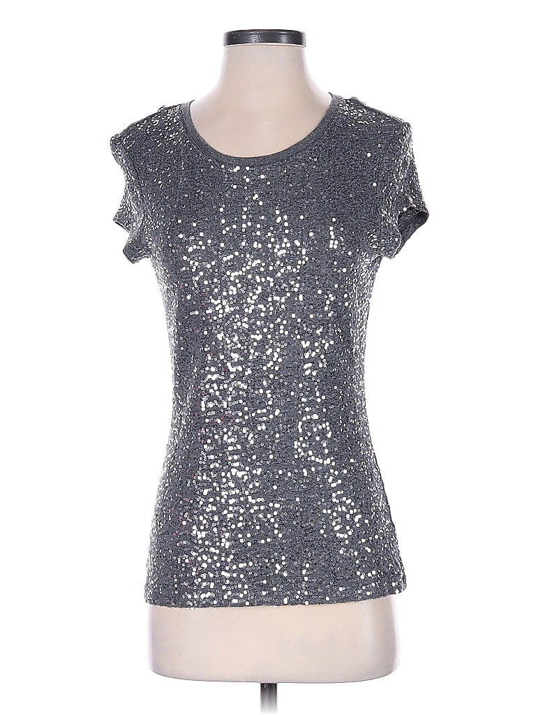 Pre-owned Inc International Concepts Short Sleeve Top Silver Metallic Pattern Scoop Neck Tops
