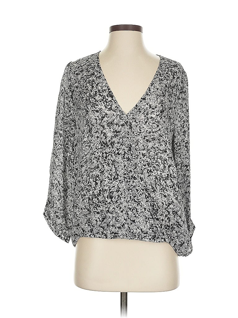 Click to view more detailed imagery on our partner's website Pre-owned Joie 3/4 Sleeve Silk Top Silver Plunge Neckline Tops