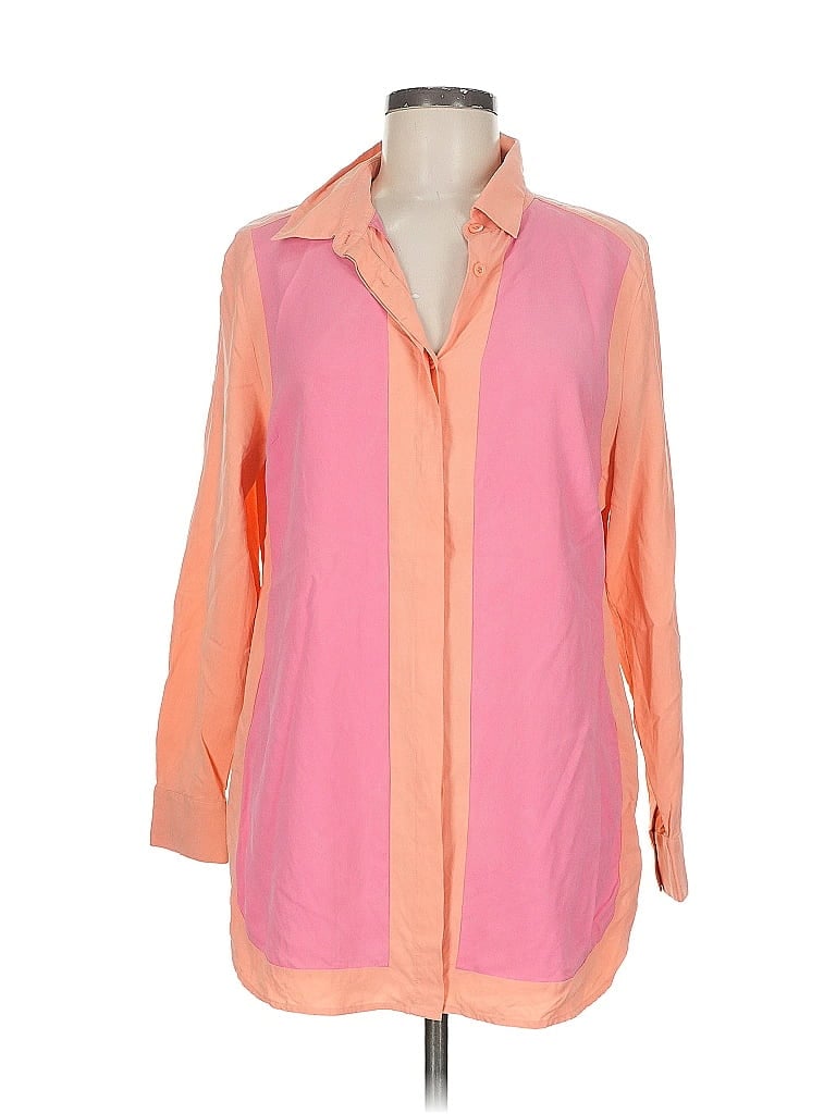 Pre-owned Soft Surroundings 3/4 Sleeve Silk Top Orange Color Block Pattern Collared Neckline Tops